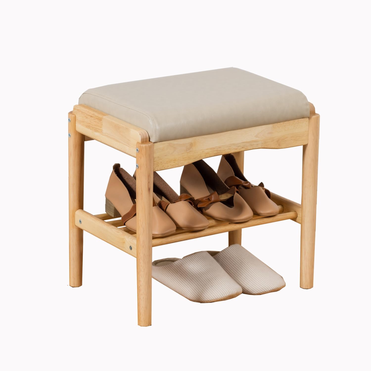 latifolia Small Shoe Bench, Solid Wood Bench with Cushion, 2 Tier Shoe Storage Organizer for Entryway(Nature,17.71''L)