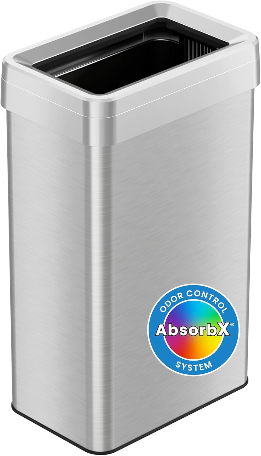 iTouchless 18 Gallon Rectangular Open Top Trash Can and Recycle Bin with AbsorbX Odor Control System Ultra Space-Saving Large Capacity Commercial Grade for Home, Office, Garage, Stainless Steel