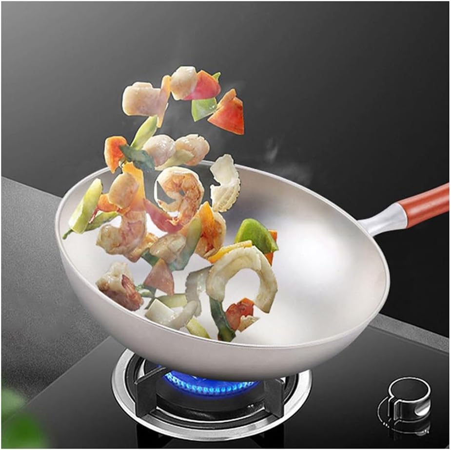 Frying Pan, Pure Titanium Wok Non-Stick Pan Kitchen Cookware Uncoated Frying Pan Household Round Bottom Pot Gas Cooker(32cm)