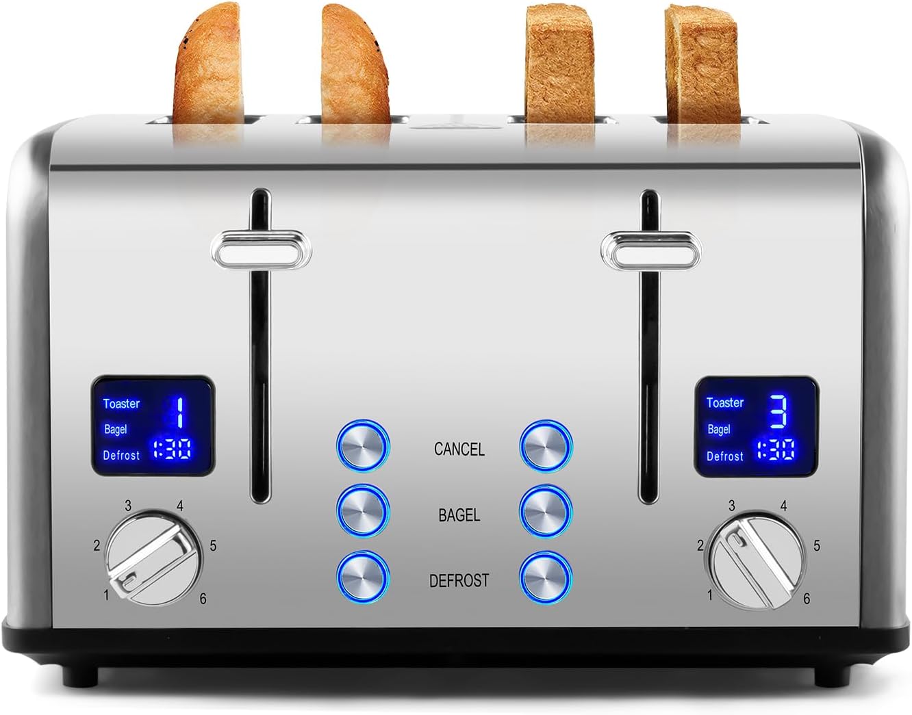 Stainless Steel Toaster, CUSIMAX 4 Slice Toaster with Smart LED Display, Exart Wide Slots, 6 Shade Settings, 1650 Watts, Bagel and Defrost Fuction, Cancel Button, Removable Crumb Trays