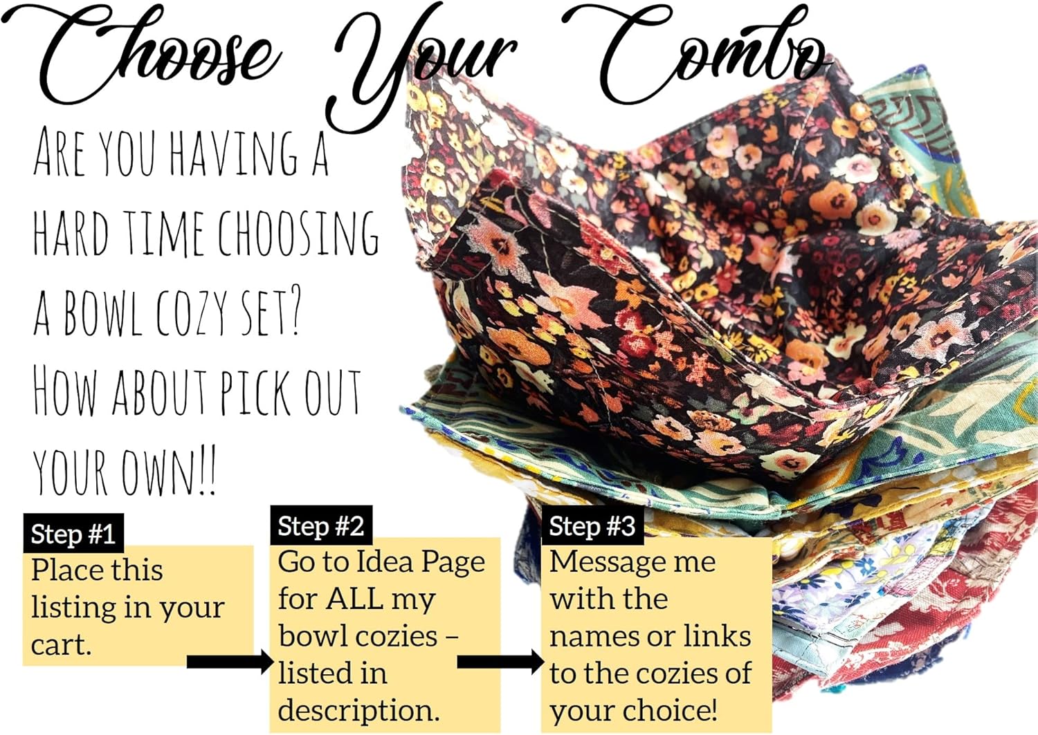 Your Custom Set of Bowl Cozies - Choose Your Cotton Prints - aka Microwave Hot Pads aka Bowl Oven Mitts - 8.5 inches for up to 8 inch bowls - Home Made in Texas USA (Set of 12)