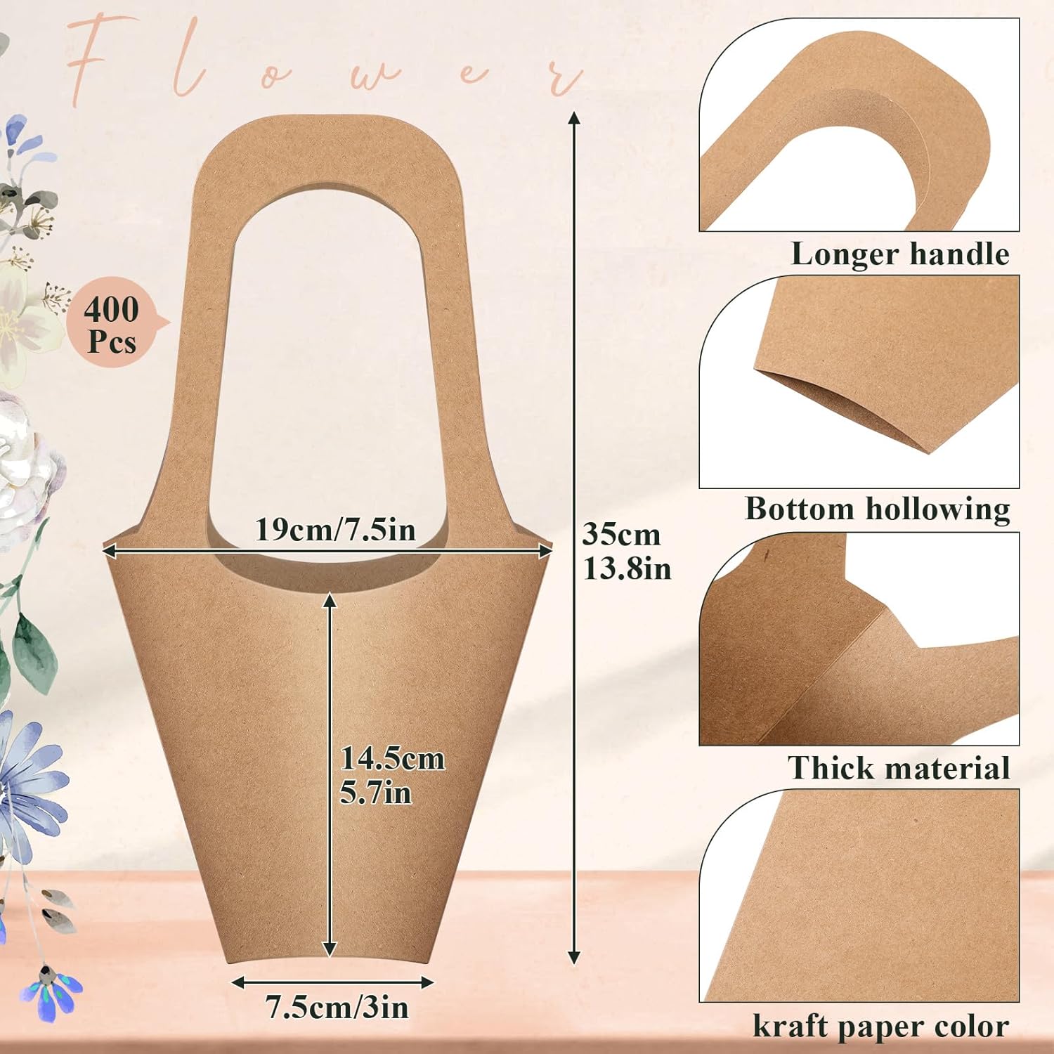 400 Packs Kraft Paper Flowers Gift Bags with Handle Flowers Bouquet Holder for Wedding, Valentines Day Decoration, Florist Shop (Small)