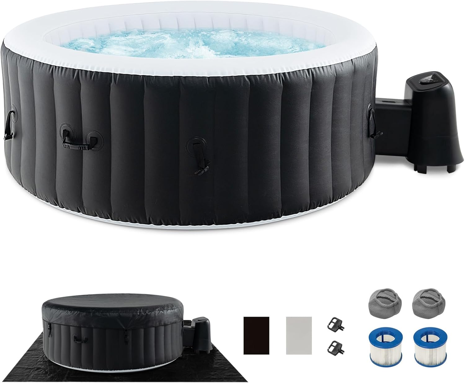 Goplus Inflatable Hot Tub, 2-4 Person Blowup Pool Hottub w/110 Air Jets, Heater Pump, Filter Cartridges, Insulated Cover, Ground Cloth, Portable Outdoor Water SPA (70’’ Round, 2-4 Person)