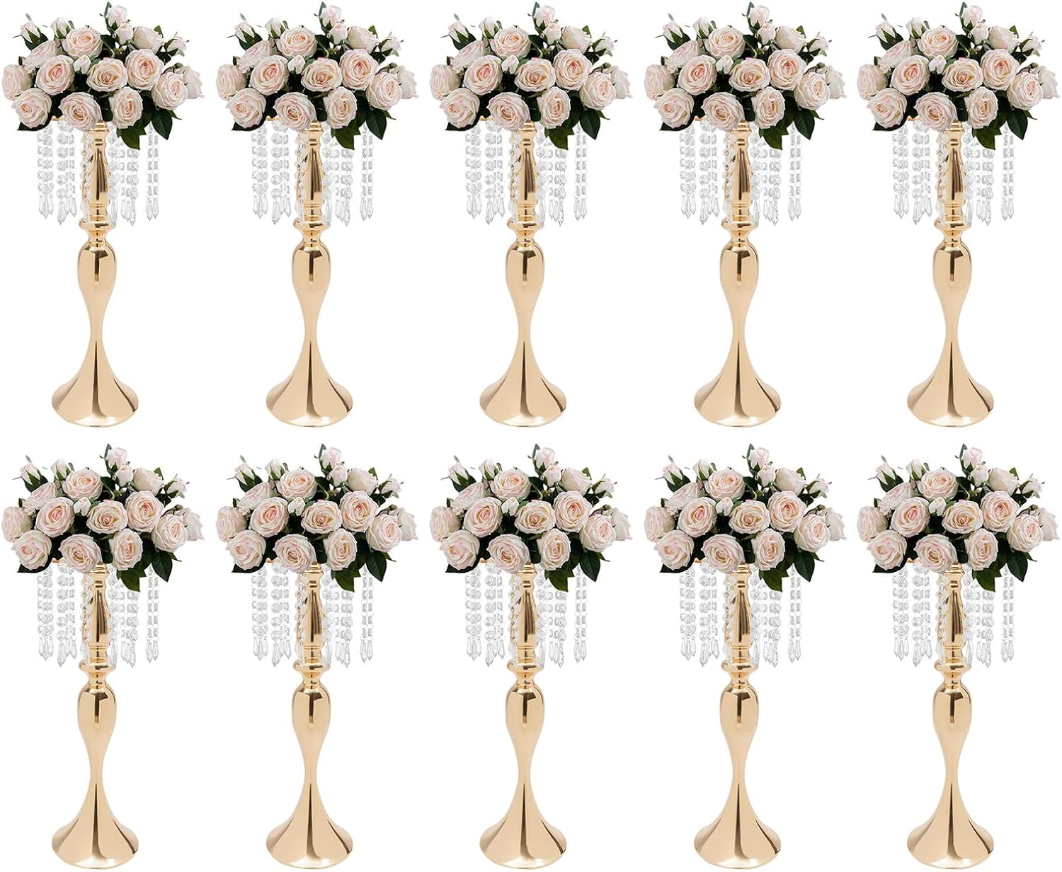 Crystal Flower Stand, 10 Pcs Wedding Centerpieces Table Decorations, Tall Tabletop Metal Flower Vases with Glass Beads Flower Stand for Party Wedding Aisle Decor (Gold)