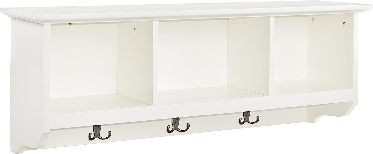 Crosley Furniture Brennan Entryway Storage Wall Shelf, with Coat Rack Hooks for Hanging, White