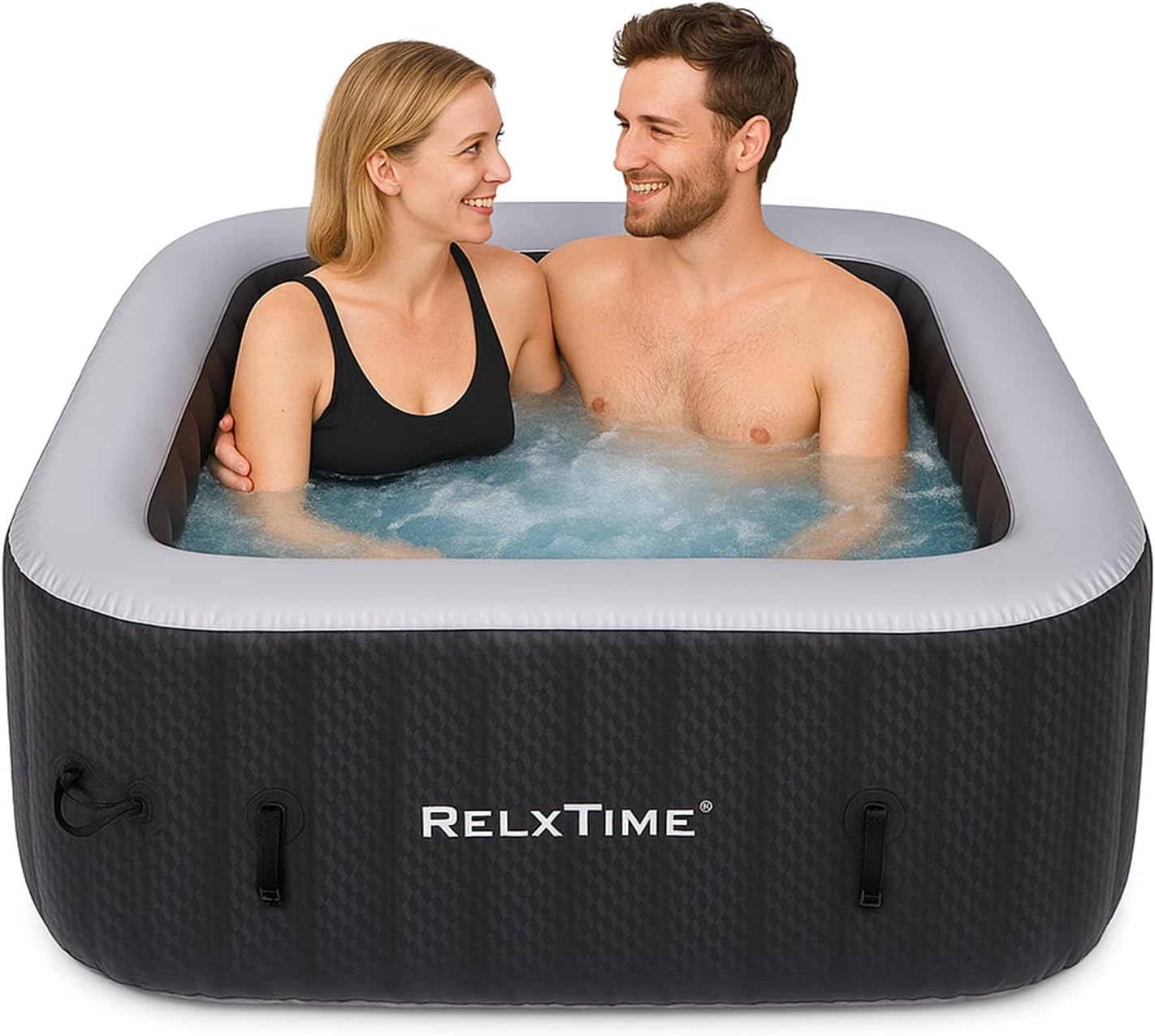 Inflatable Hot Tub 2-3 Person 110 Air Jets, Portable Blow Up Hottub with Cover, Built in Heater Pump, Square Outdoor Spa, Cup Holder, 2 Filters, Black