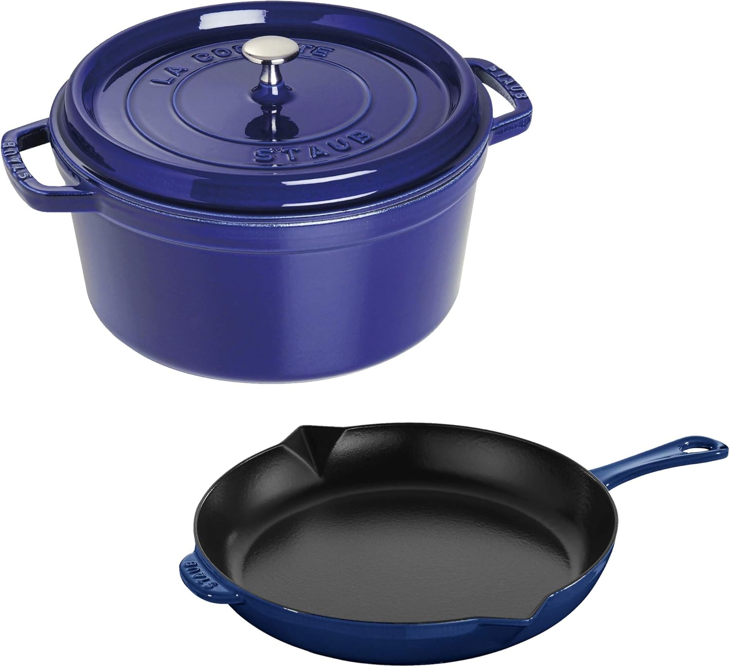 Staub Cast Iron 3-pc Cocotte and Fry Pan Set-Dark Blue, Made in France