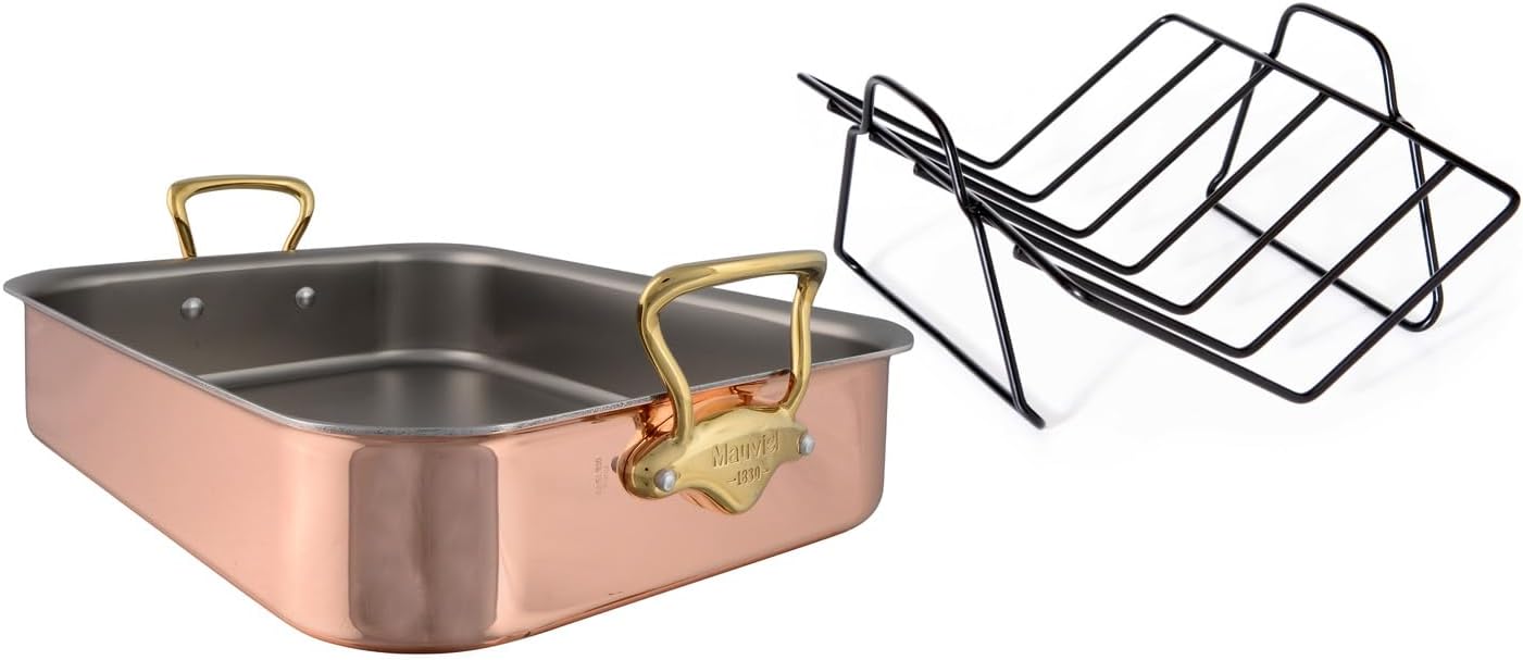 Mauviel M'Heritage 150 B 1.5mm Polished Copper & Stainless Steel Roasting Pan With Rack, And Brass Handles, 15.7 x 11.8-In, Made in France