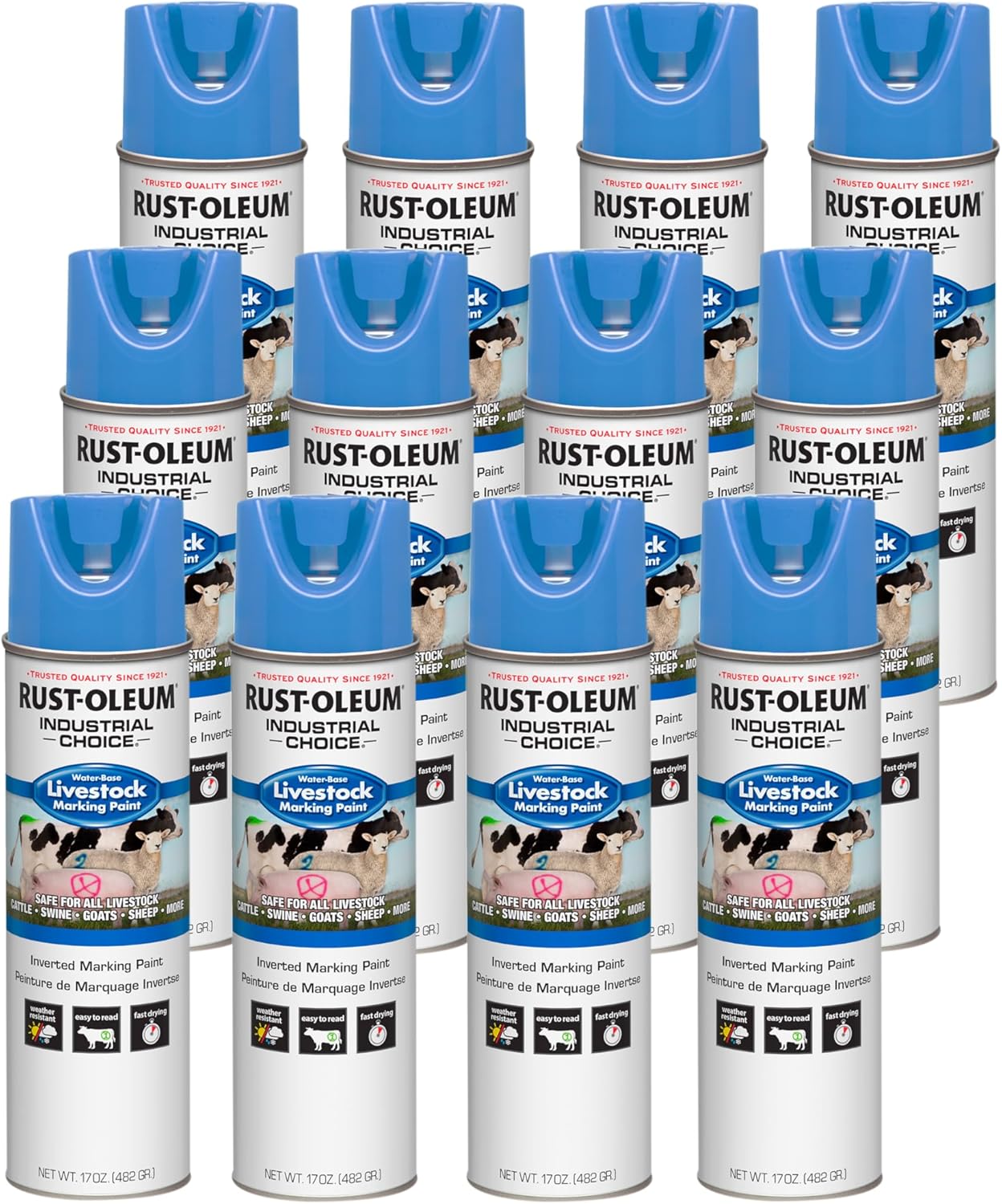 Rust-Oleum 383019 Livestock Marking Spray Paint, 17 oz, Fluorescent Blue, 12 Pack