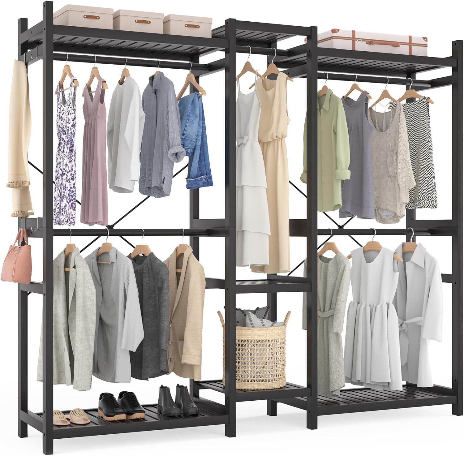 Homykic Bamboo Clothes Rack Garment Rack for Hanging Clothes, Heavy Duty Clothing Rack with 7 Tiers Adjustable Shelves, Double Rods, 4 Hooks, Freestanding Closet System Organizer Wardrobe, Black