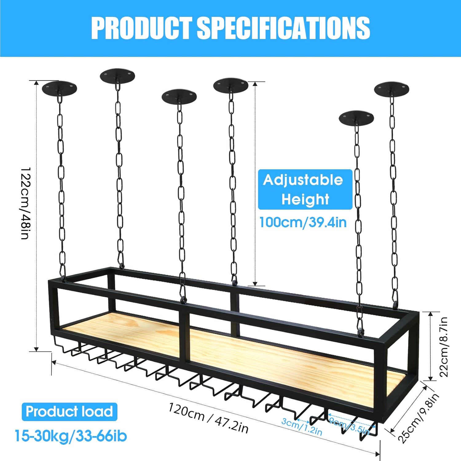 Ceiling Wine Glass Rack - Hanging Wine Rack with Glass Holder and Shelf, Height Adjustable Industrial Hanging Wine Bottle Holder, Black Metal Ceiling Shelf for Bar Cafe Kitchen (47.2×9.8×8.6in)