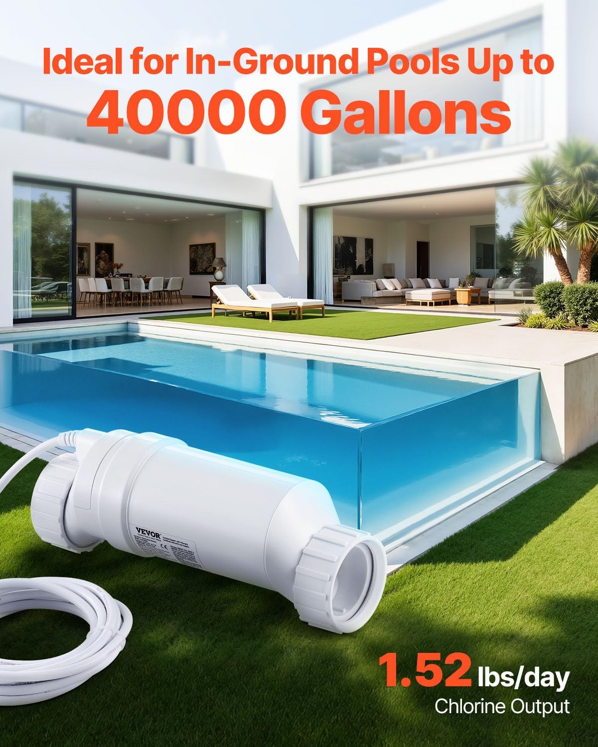 VEVOR Salt Cell Chlorinator Fits for Hayward W3T-Cell-15 (T15), Pool Cell Salt Water System for In-Ground Swimming Pools up to 40000 Gallons, 15 ft Power Line, White