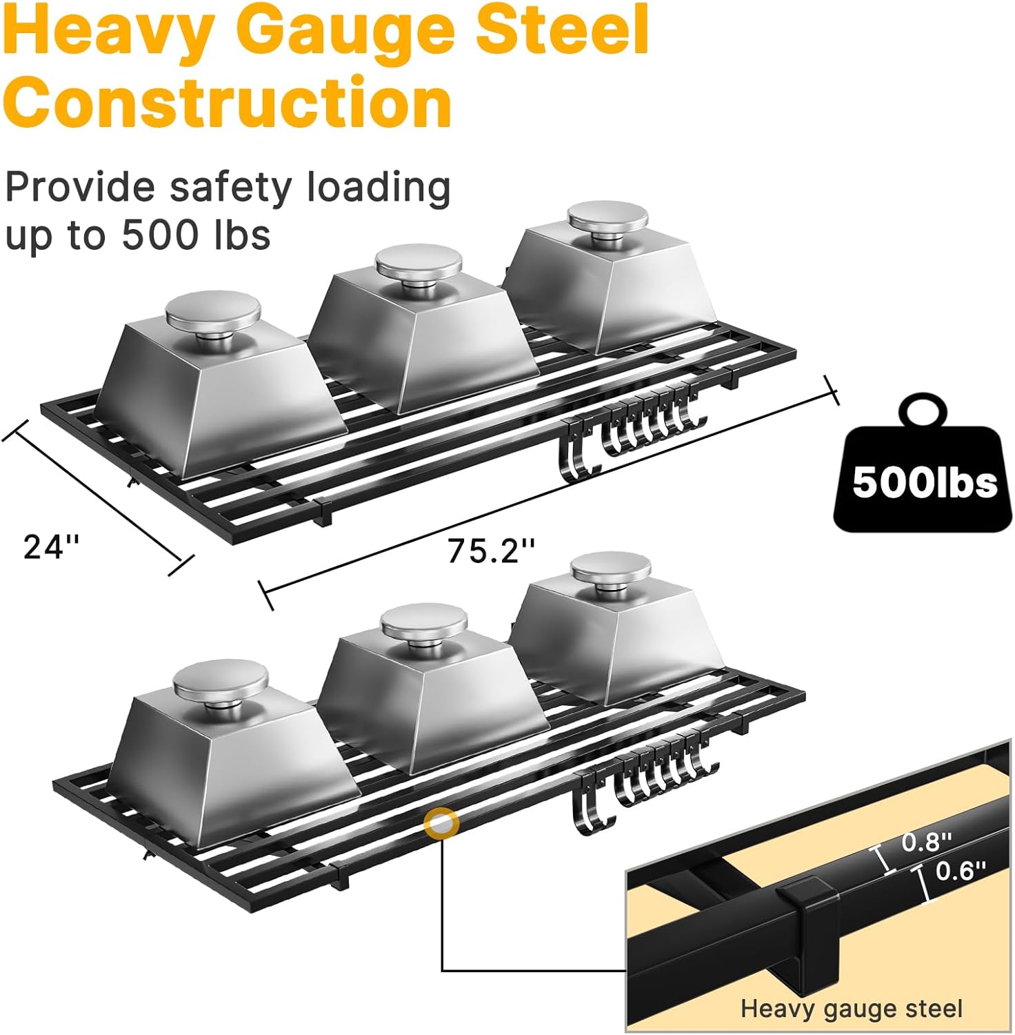 2-Pack Garage Wall Shelving with Hooks, Heavy Duty Wall Mount Storage Shelf 500 lbs Load Capacity Suitable for Garage Storage, Shed, Shop (2' x 4')