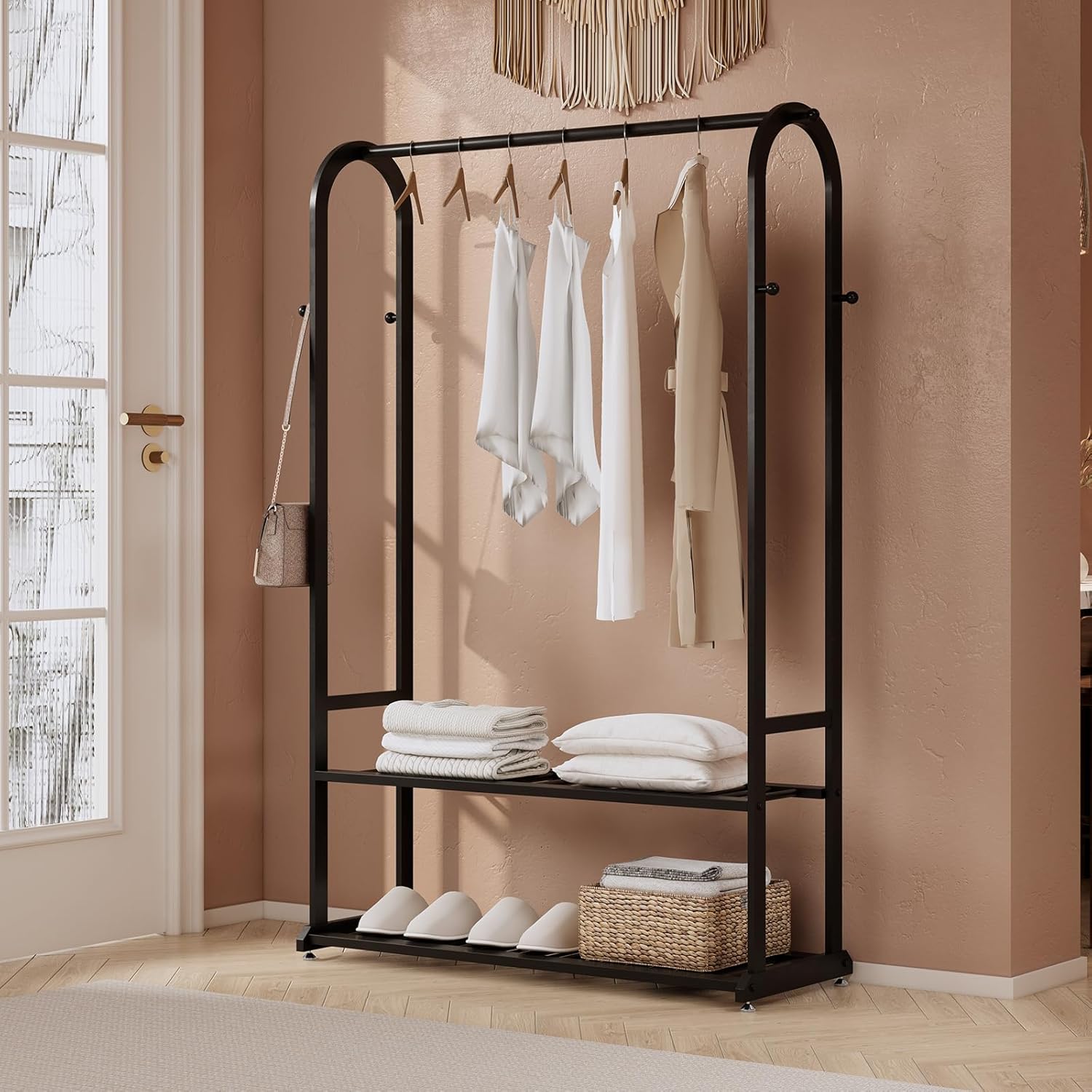 Heavy Duty Clothes Rack with Bottom Shelves & 6 side Hooks - Sturdy Metal Clothing Rack,Garment Racks for Hanging Clothes,can keep and organize your shoes and boxes in order