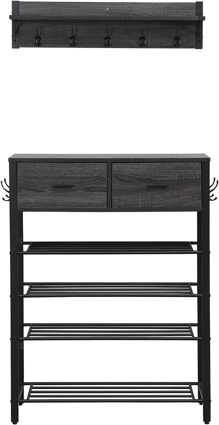 4-tier Shoe Rack With 2 Drawers, Shoes Storage Rack One Set Hallway Show Rack With Storage And Hooks For Home Entry Way 31.5 x 11.81 x 42.32 Inch Black+ Gray
