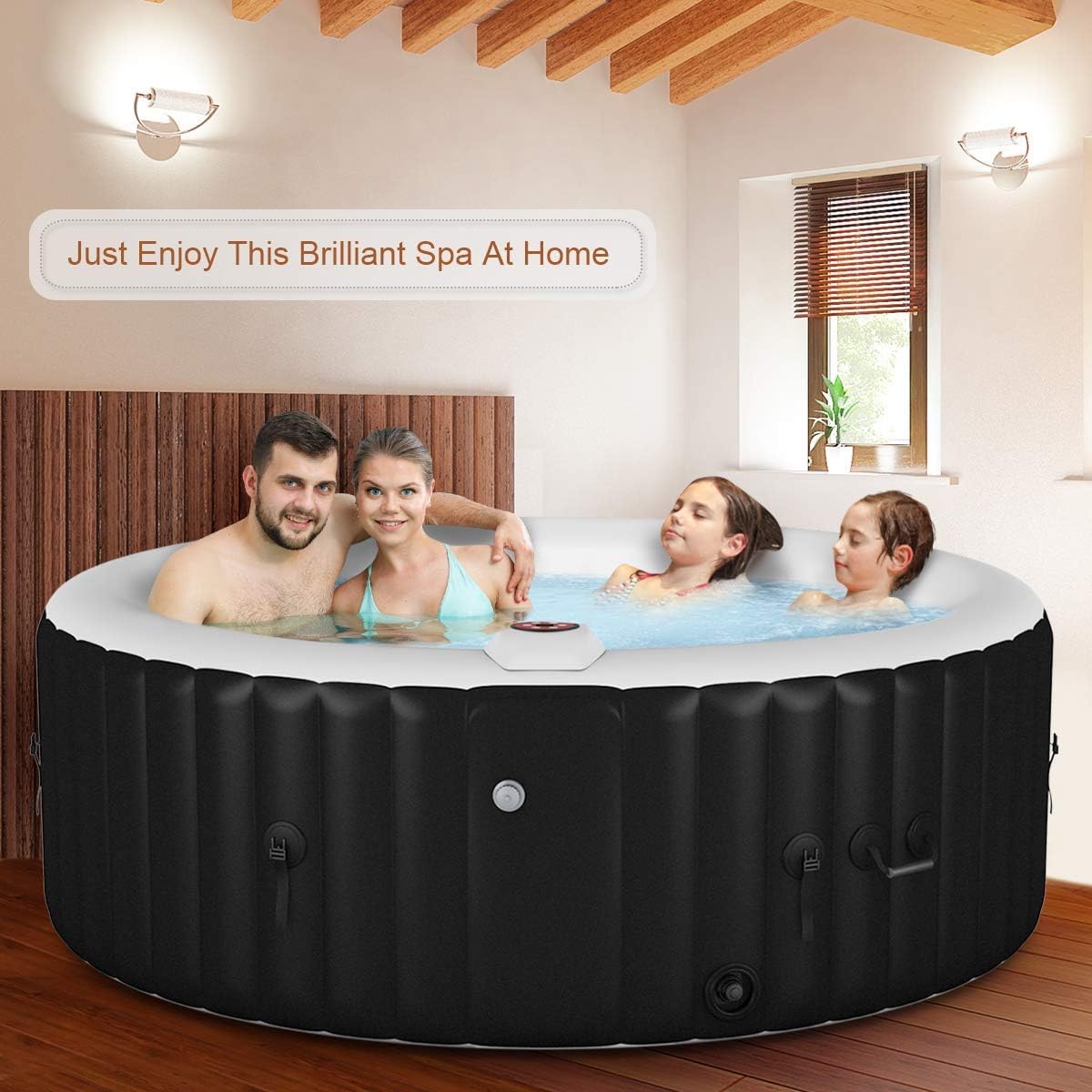 Goplus 4-6 Person Outdoor Spa Inflatable Hot Tub for Portable Jets Bubble Massage Relaxing with Accessories Set (4-Person, Black)