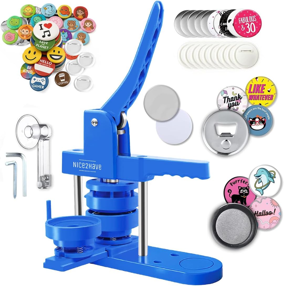 Button Maker Machine – 3 Inch (75mm) – Single Mold, Pin Maker Machine Kit with 100 Buttons, 5 Fridge Magnets, 5 Bottle Openers, Cutters, and 500+ Button Designs for DIY Crafts, Blue