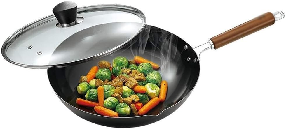 Uncoated Iron Wok Pan with Visible Glass Lid, Beech Wood Handle, Double Pouring Nozzle, Suitable for Gas & Induction Stove, Easy to Clean, Non-Stick, Healthy Cooking