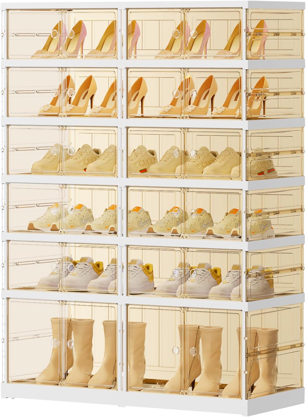 6 Tiers 12-24 Pairs Foldable Shoe Boxes Large Plastic Shoe Storage Rack Collapsible Shoe Organizer for Closet Tall Shoe Shelf Clear Stackable Shoes Cabinet with Doors entryway