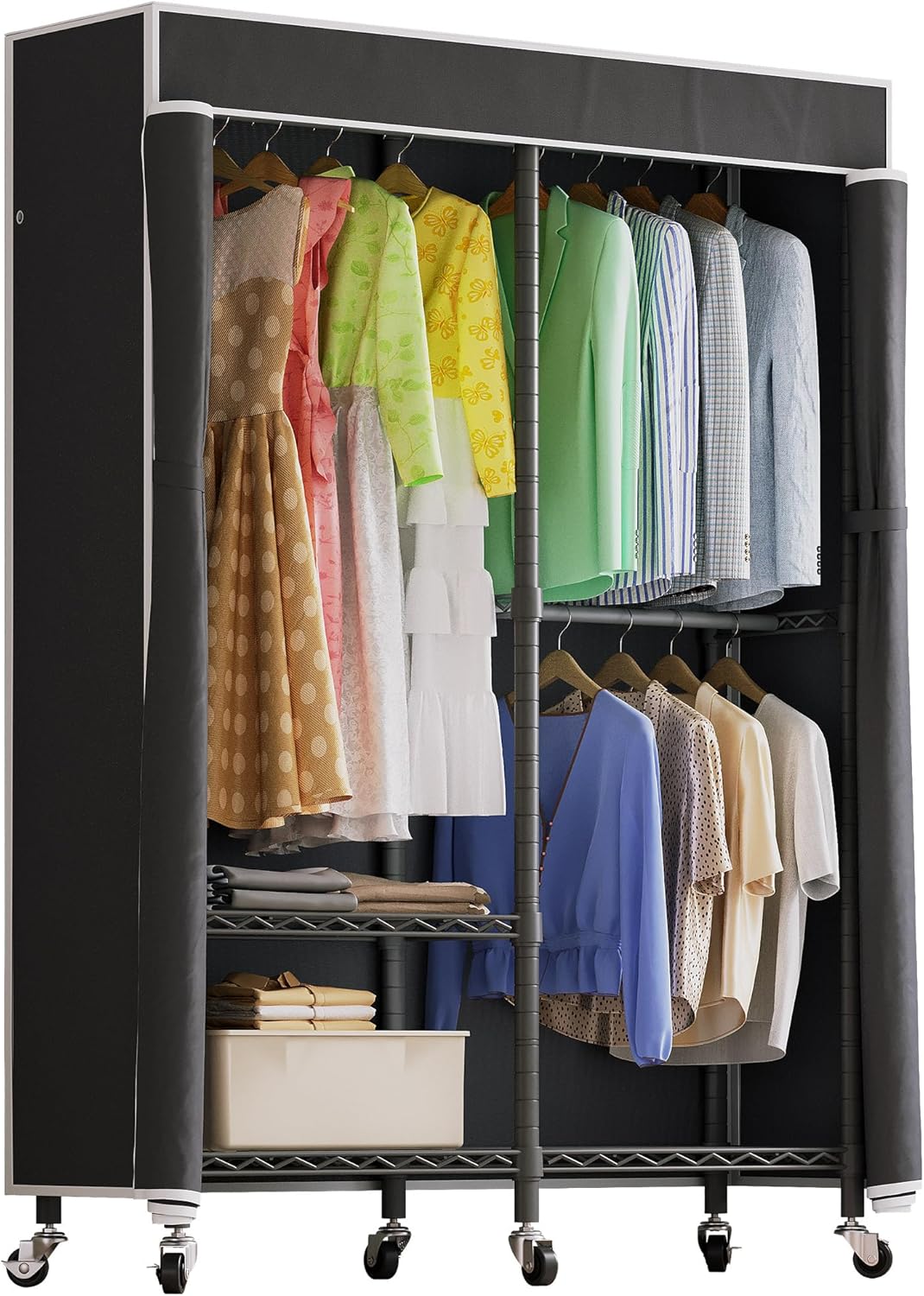 H9 Garment Rack with Cover, Heavy Duty Clothing Rack for Hanging Clothes, Portable Closet with wheels, Wardrobe Closet with Adjustable Shelves, Black Rack Shelf with Black Fabric Cover