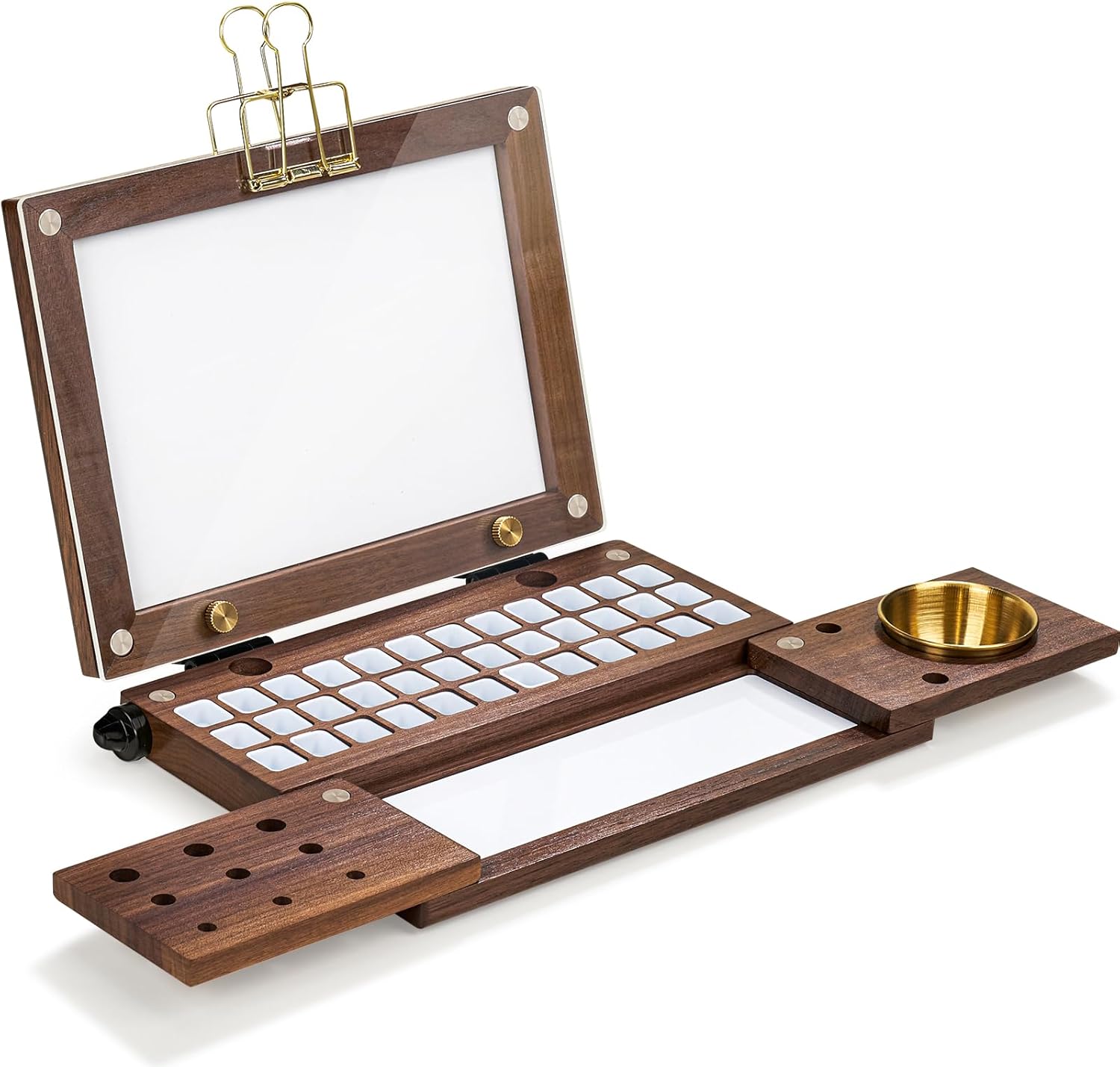 36-Grid Empty Watercolor Palette Box for Travel, Walnut Wood Artist Palette Tray Kit with Wash Jar, 9 Pen Holders, for Acrylic Gouache Water Color Painting