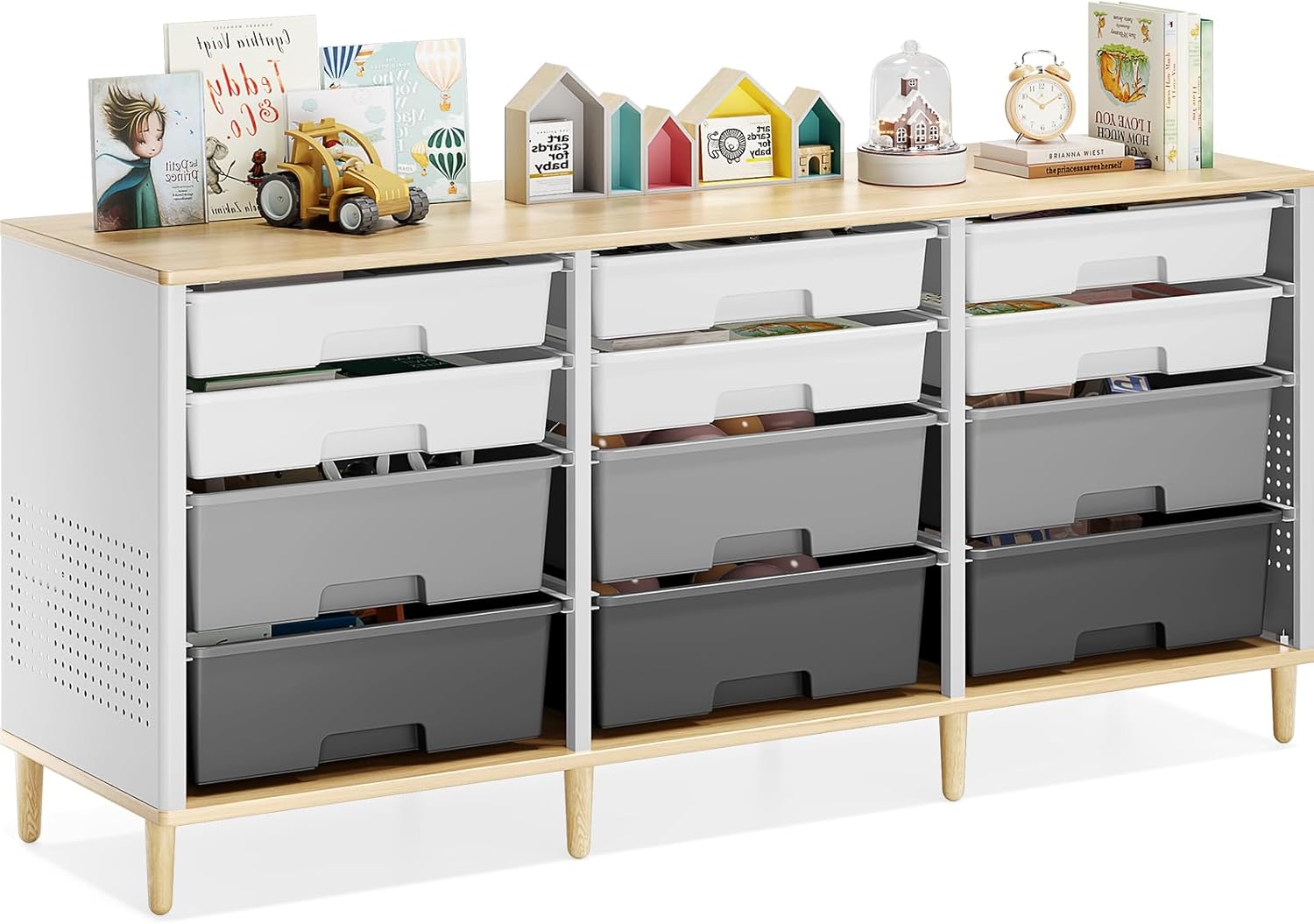 Storage Cabinet with 12 Drawers, Home Storage With Wooden Tabletop, Cube Storage Organizer for Living Room, Bedroom, Classroom, Office, Playroom, Craft Room, (Grey)