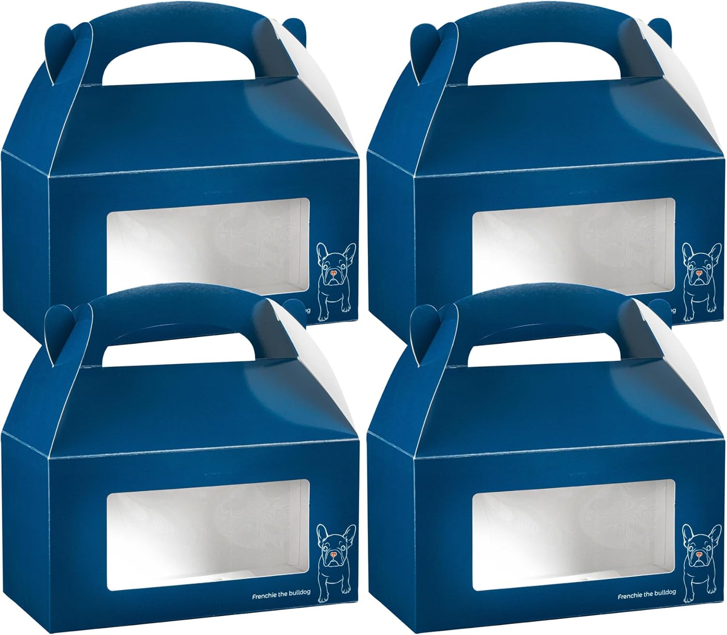 Restaurantware Bio Tek 9.5 x 5 x 5 Inch Gable Boxes For Party Favors, 100 Attractive Gift Boxes - Frenchie The Bulldog Design, With Clear PET Window, Blue Paper Barn Boxes, Built-In Handle