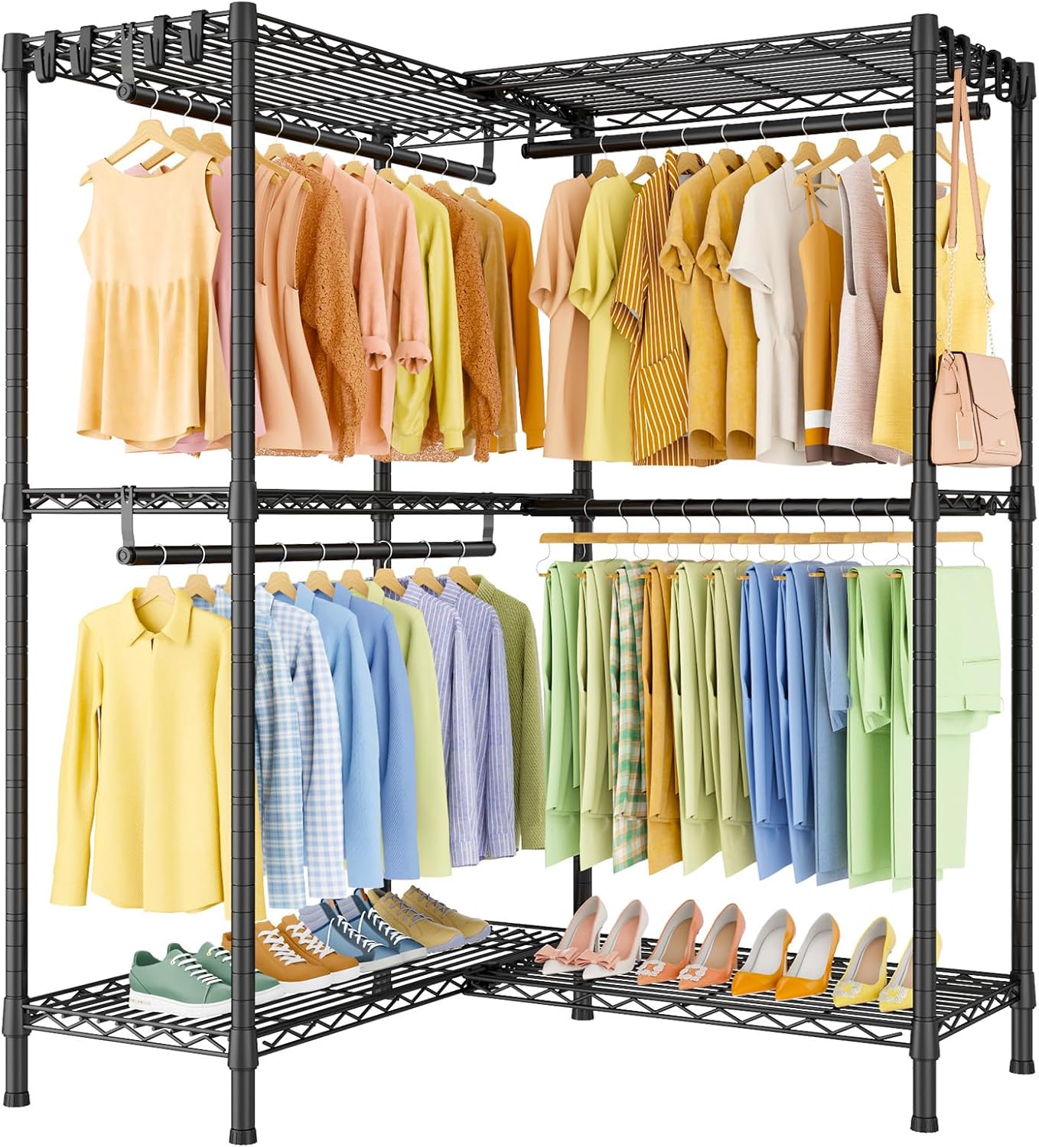 E15 Garment Rack L Shaped Clothes Rack for Corner，Freestanding Clothing Racks for Hanging Clothes，Heavy Duty Closet Organizer with 4 Hanging Rods & 8 S Hooks，43.3