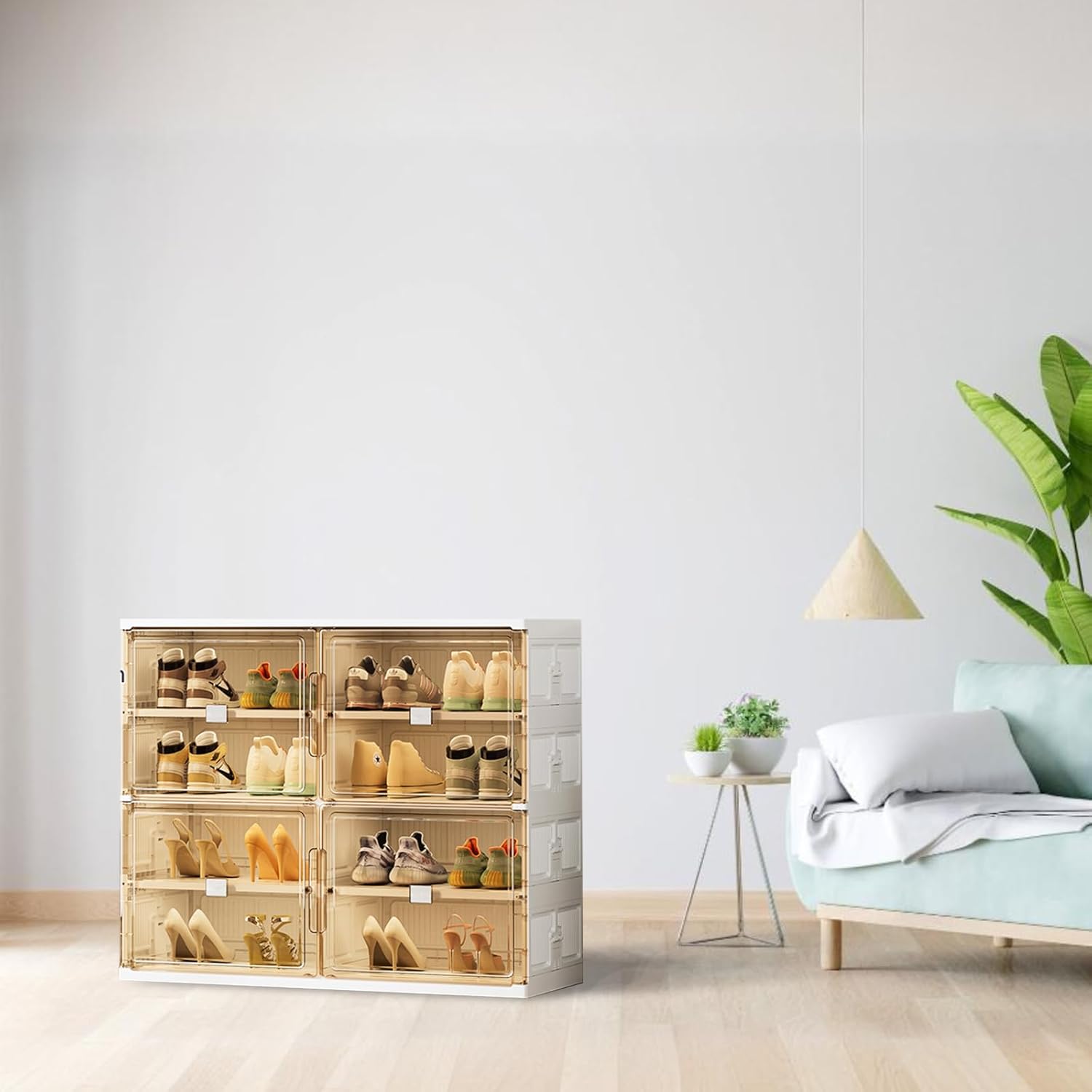 16 Pairs Shoes Storage Cabinet of 3-Step Fast Installation,Plastic Shoe Box with Clear Magnetic Door for Display, Shoe Organizer for Sneaker, Sandals, Heels (2 Row, 4 Tier)