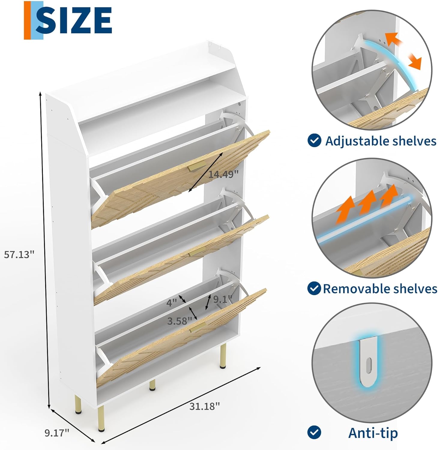 Shoe Cabinet with 3 Flip Drawers, Narrow Slim Shoe Storage Organizer for Entryway, Hallway, Farmhouse Freestanding Hidden Shoe Rack, Space Saving White Wood Grain Furniture