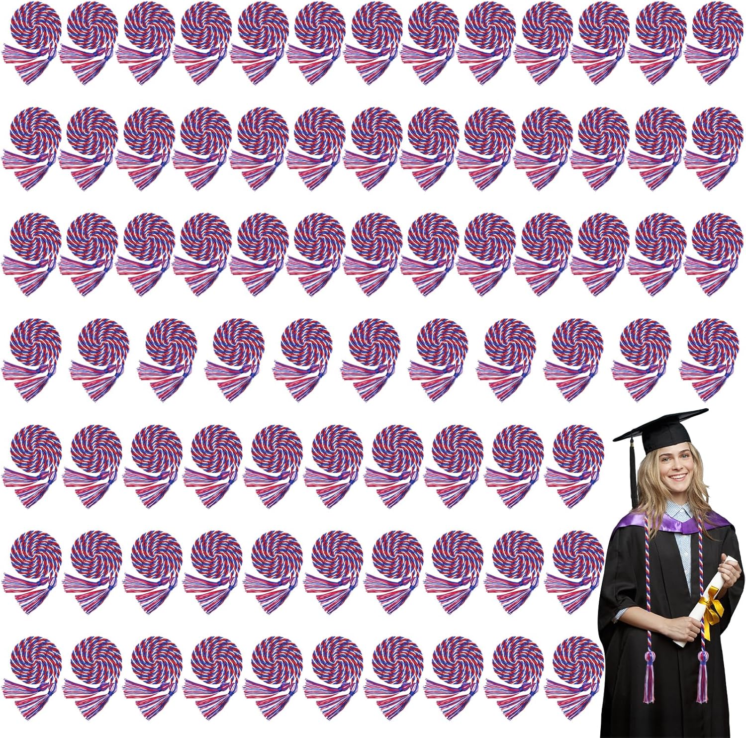 80 Pcs 2025 Graduation Cords 67 Inch Braided Honor Cord with Tassels for College Graduation Students Bachelor Master Doctor Grad Decor（Red Blue with White ）