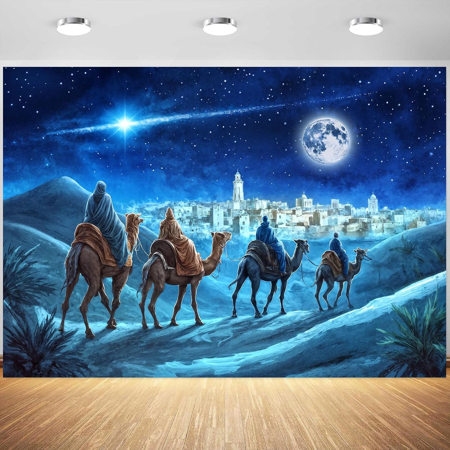 20x10ft Nativity Scene Backdrop Jesus Christmas Birth Banner Night Stars Holy Family and Three Kings Desert Castle Cottage Manger Decor Outdoor Xmas Decor Church Religion Photo Booth Props