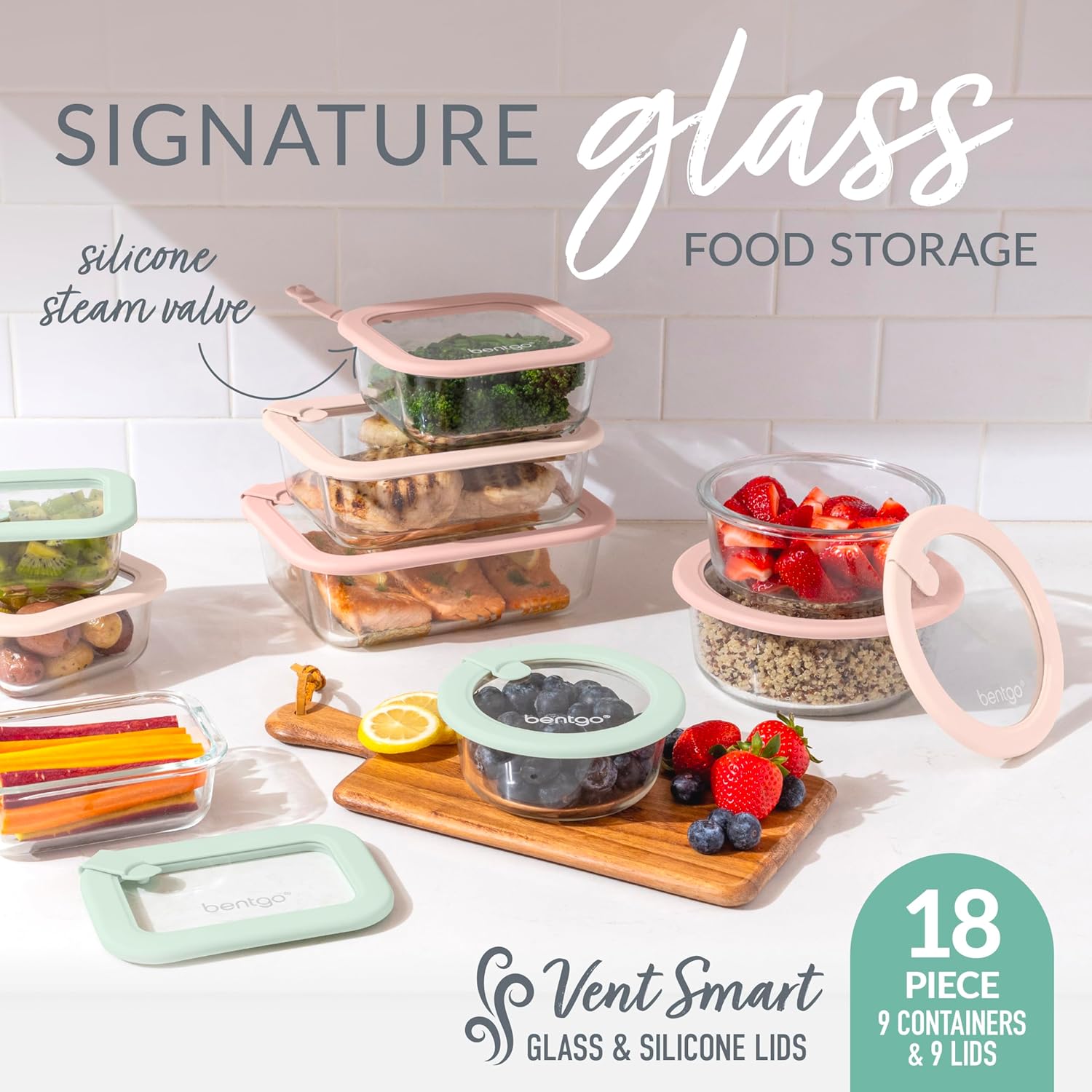 Bentgo Signature Leak-Proof Glass Food Storage - 18-Piece Set, 1-Compartment Plastic-Free Containers with Airtight Glass Lids, BPA-Free, Microwave, Freezer, Oven & Dishwasher Safe (Desert Sage)