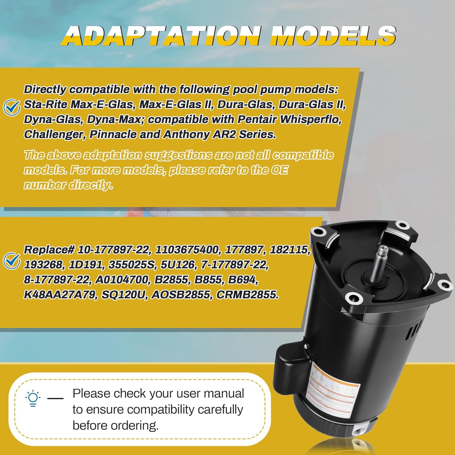 2 HP Pool Pump Motor Compatible with A.O. Smith Century ‎B2855 ‎B855, for Pentair Sta-Rite Whisperflo Challenger Pinnacle Anthony AR2 Series Pumps, 2HP Single Speed Square Pool Motor, 230 V, 1.5 KW