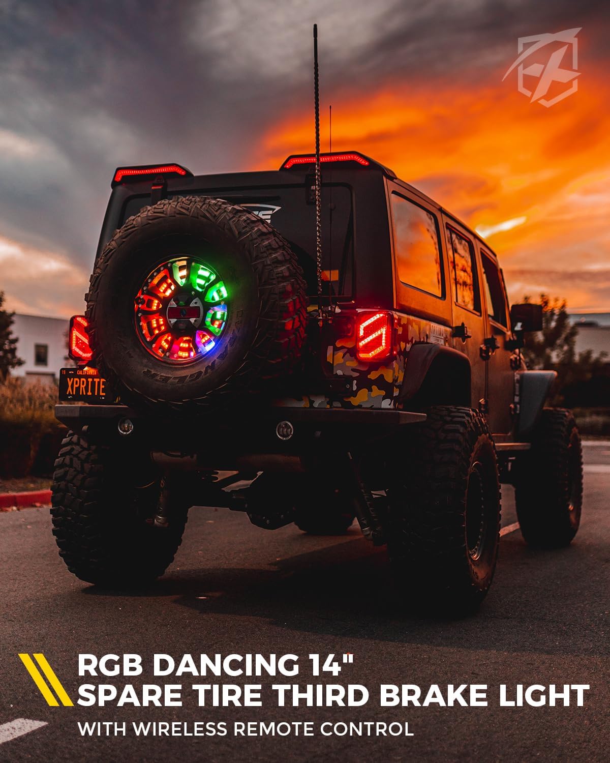 Xprite RGB Spare Tire Brake Light - Dual Ring Rear Wheel Light Compatible with 2007-2018 Jeep Wrangler JK JKU, Color-Changing Third Tail Lamp with Dual Control (RF & Bluetooth)