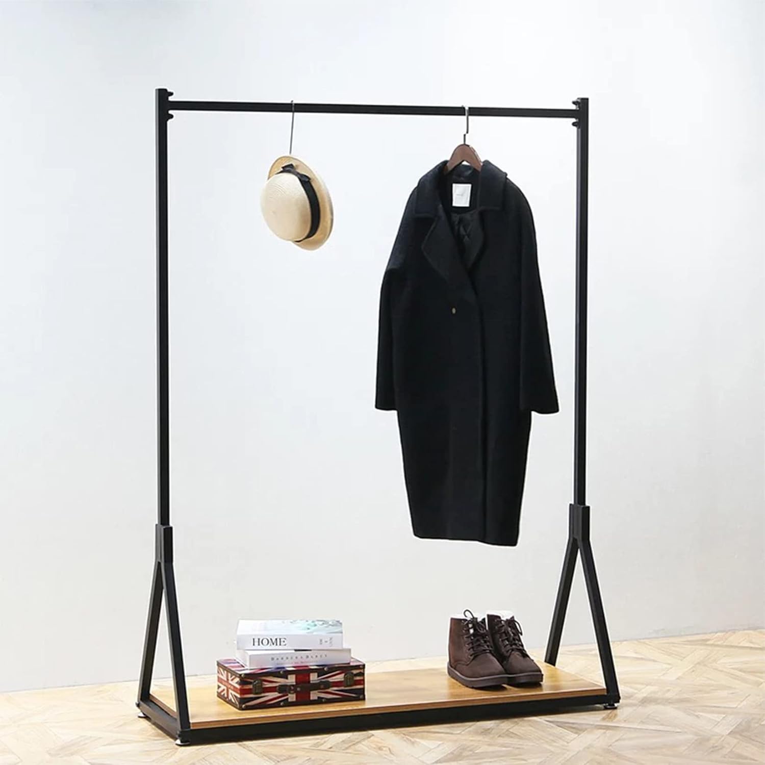 Modern Simple Heavy Duty Metal and Wood Rolling Clothing Garment Rack with Wheel,Creative Commercial Wedding Dress Display Shelf,Floor-Standing Clothes Hangers (Black with Wood, 47.2