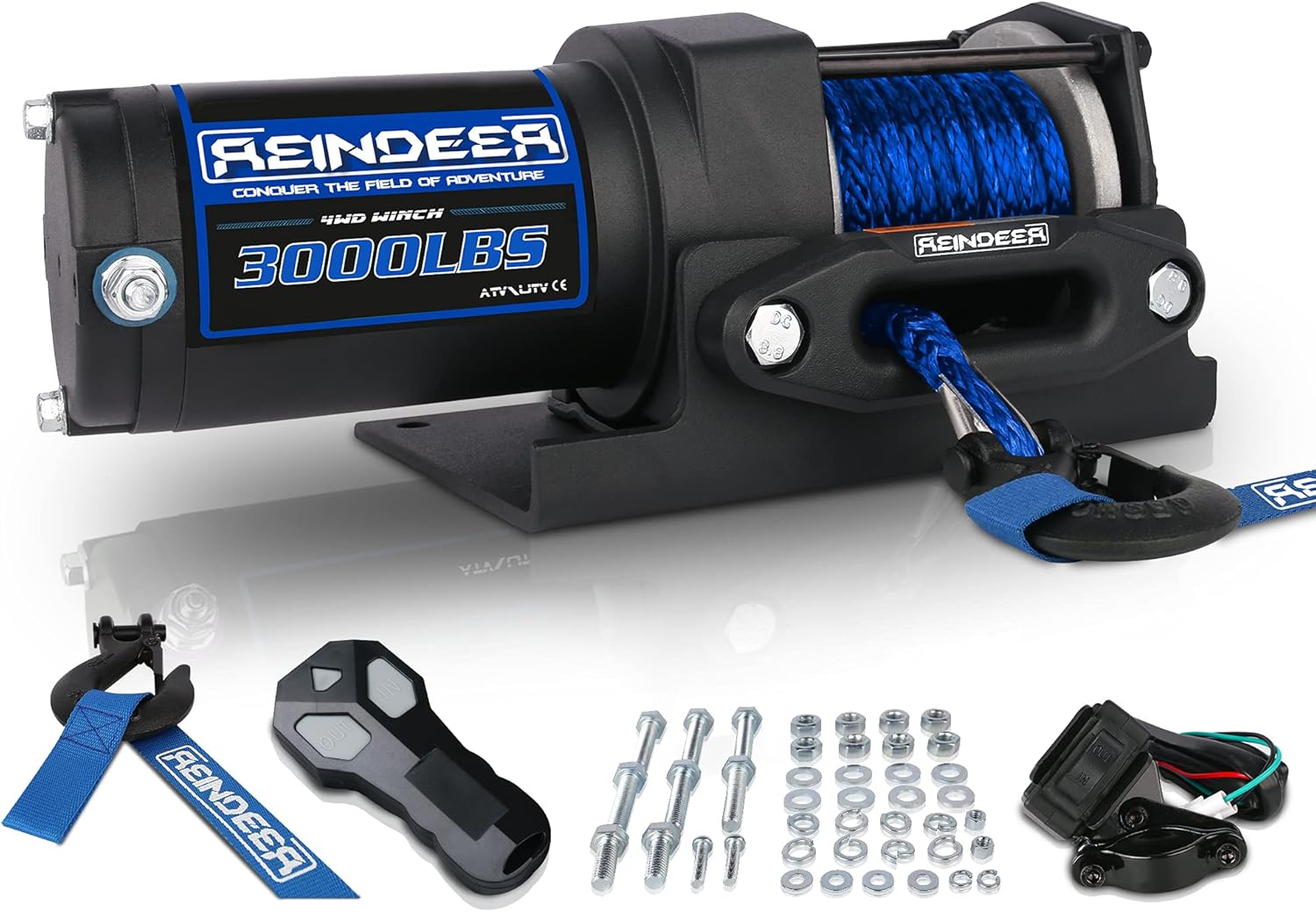 REINDEER New 12V Winch 3000 lb Load Capacity Electric Winch Kit Synthetic Rope with Hawse Fairlead Waterproof IP67 with Wireless Remotes for 4X4 Side by Side 4 Wheeler ATV UTV Rescue Recovery