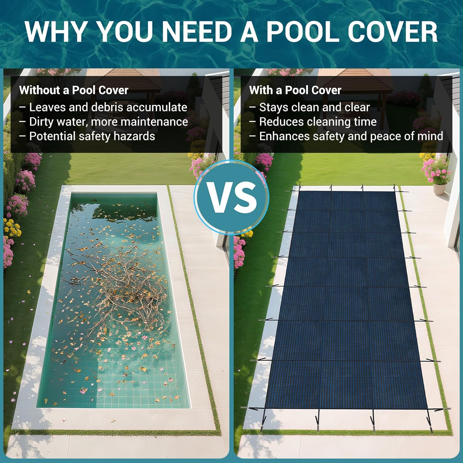 Bowear Inground Pool Safety Cover, Rectangle Winter Safety Pool Cover for Inground Swimming Pools, 25x45ft High-Strength Pool Covers for In ground Pools in Garden, Hotel, Home, Patio Pool Protection