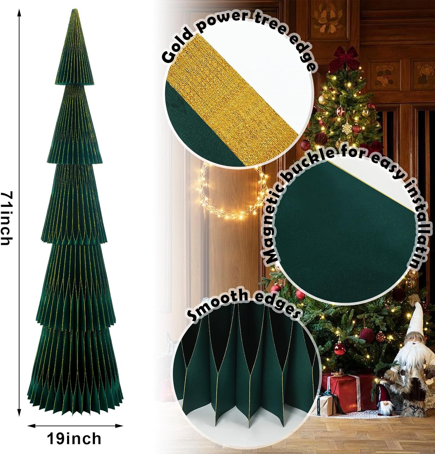 71'' Giant Honeycomb Paper Christmas Trees Dark Green Extra Large 3D Honeycomb Christmas Trees Glitter Edge Magnetic Folding Xmas Paper Accordion for Home Mantel Holiday Party Decorations