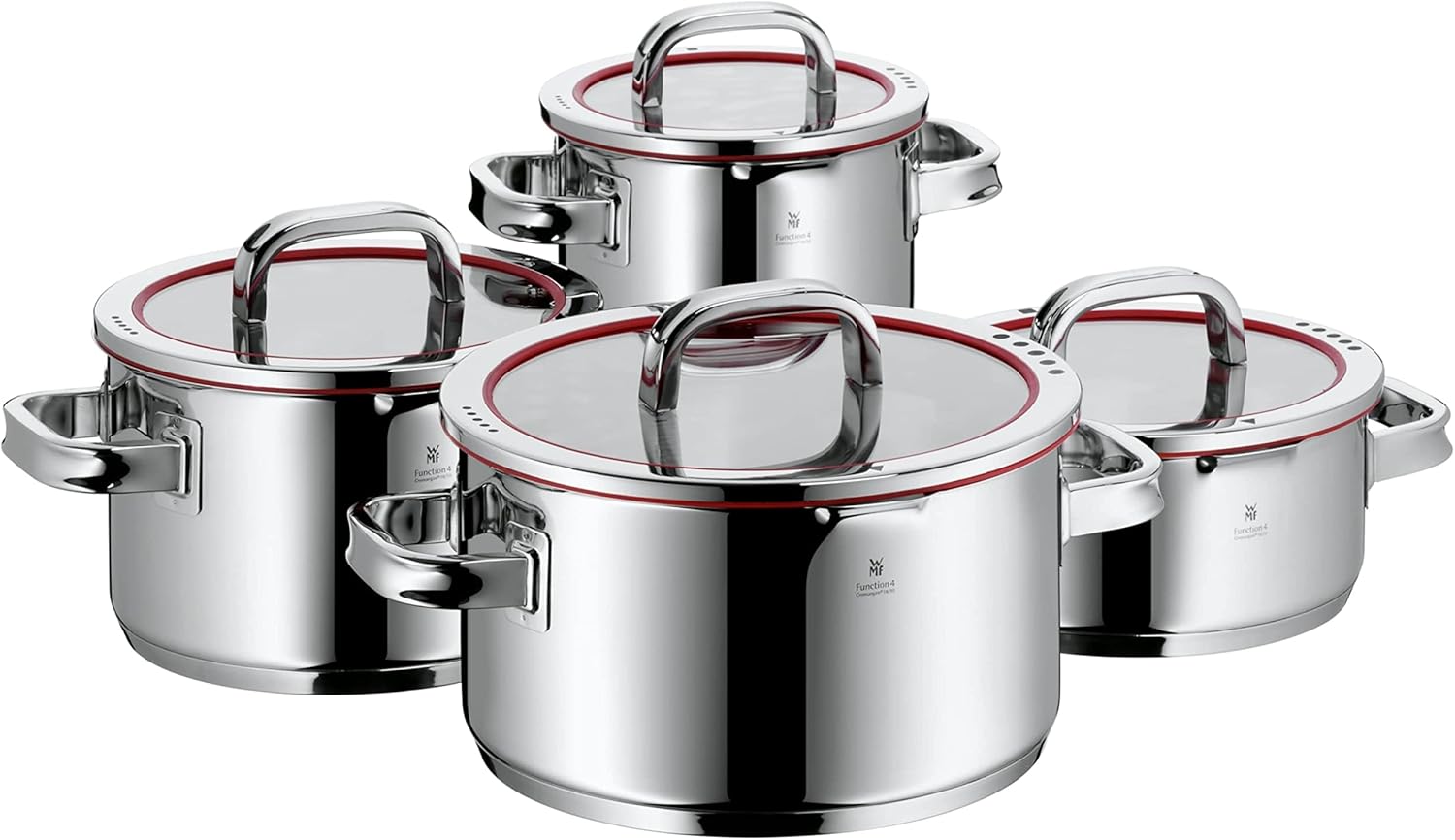 WMF Function 4 Induction Saucepans Set of 4 Polished Cromargan Stainless Steel Glass Lid with 4 Pouring Functions Induction Pots Internal Scale