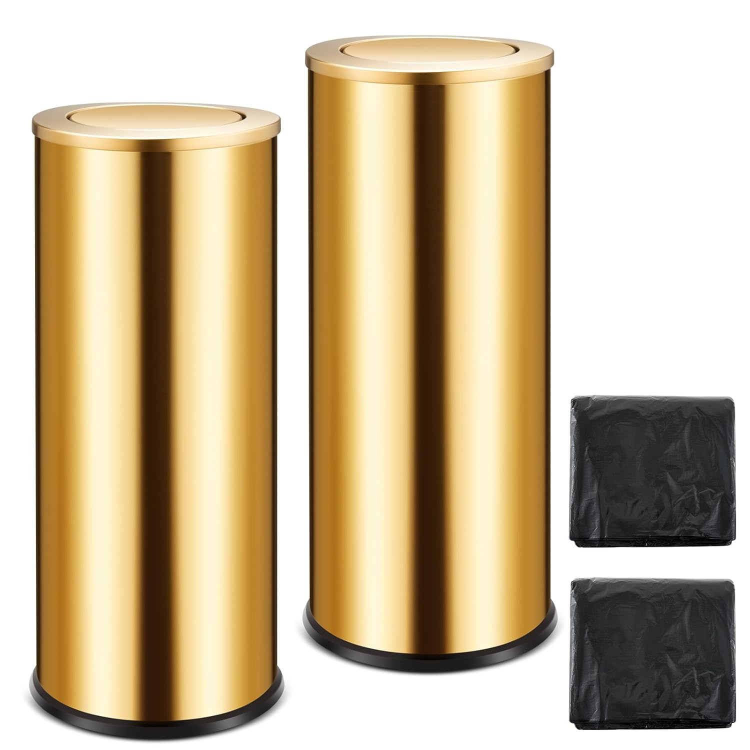 2 Set 30L/8GAL Gold Lidded Trash Can with 200 Garbage Bags Metallic Gold Brass Kitchen Garbage Bin with Flip Lid Commercial Compact Waste Basket for Shopping Centers, Elevator Doors, Hotels