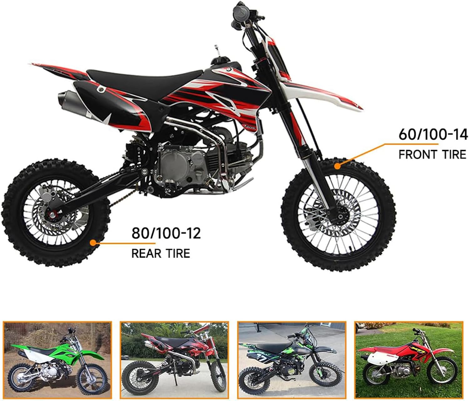 FVRITO 60/100-14 2.50-14 + 80/100-12 3.00-12 Tire and Inner Tube for 90cc 110cc 125cc SSR CRF XR70 CR60R KLX110 KX60 DRZ DS80 JR80 PW80 TTR90 YZ60 65SX Off Road Motocross Pit Dirt Bike