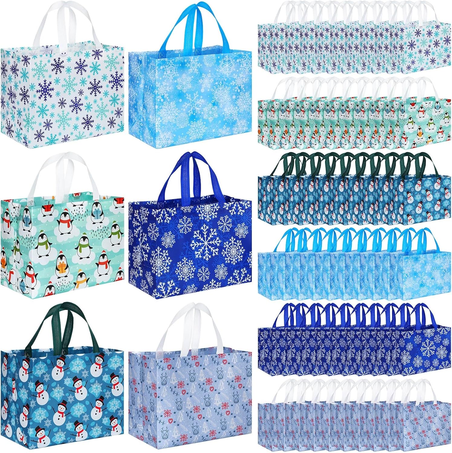 Sanwuta 150 Pcs Christmas Gifts Bags Bulk Large Tote Treat Bags with Handles Snowman Santa Snowflake Penguin Reusable Non Woven Gifts Pocket for Xmas Holiday Wrapping Shopping 12.8 x 9.8 x 6.7 in