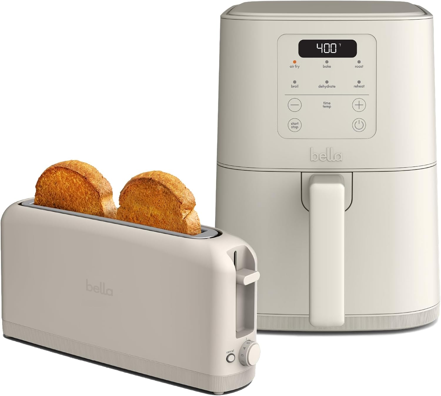 BELLA Slim 2 Slice Toaster + 4Qt Slim Air Fryer, Fits-anywhere™ Kitchenware, Small Air Fryer w 6 Preset Cooking Options and Slim Toaster w 6 Shades Control, Oatmilk