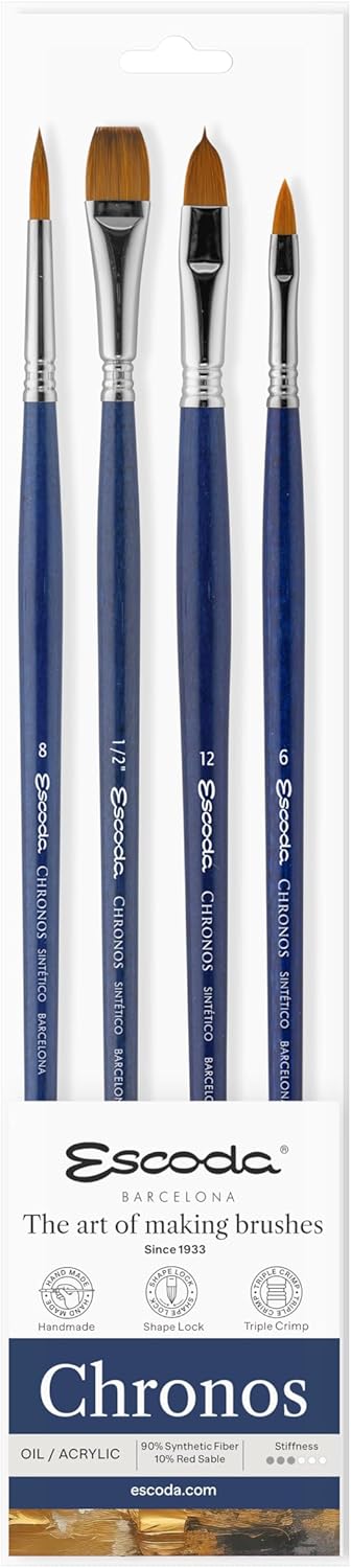 Escoda | Oil and Acrylic | Versàtil Series Set for Oil and Acrylic | size 6,8,10,12 | 4 brushes | synthetic Kolinsky | round pointed + filbert + bright + bright long length