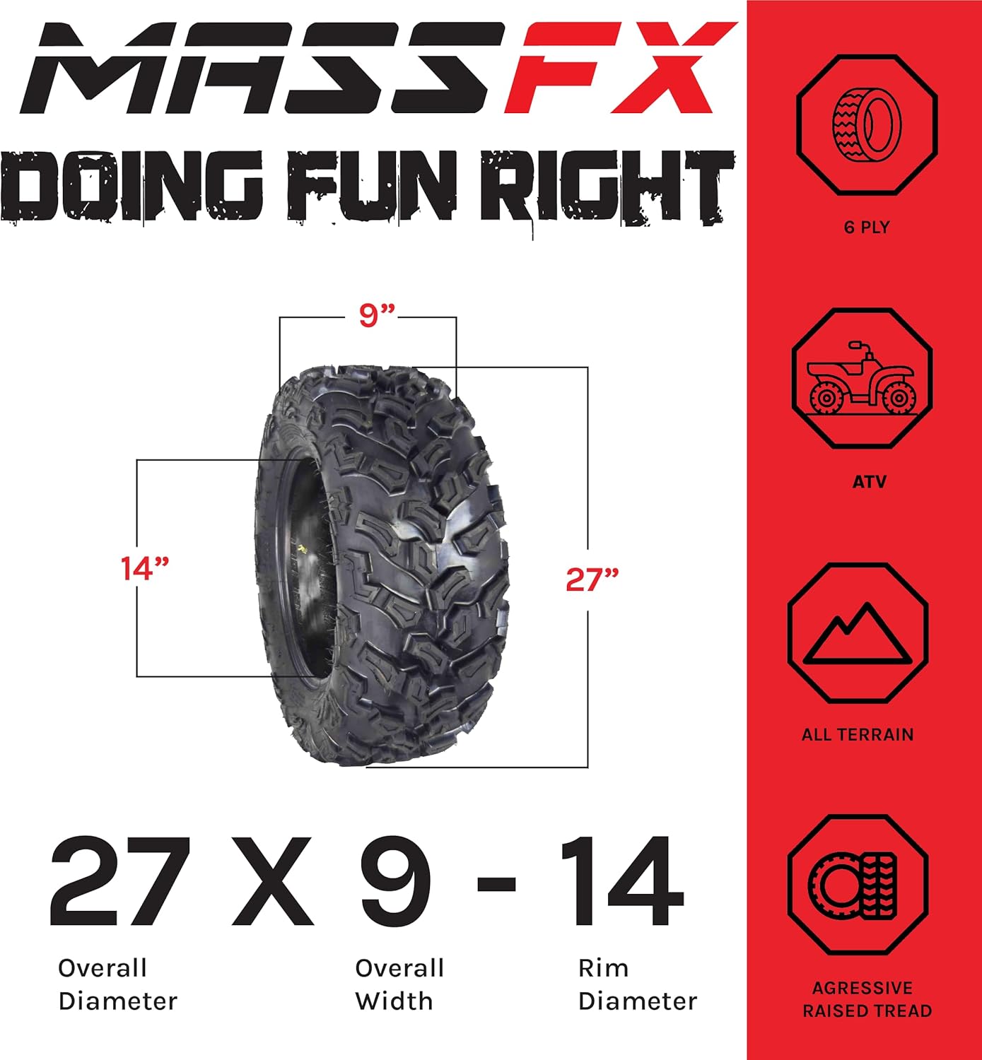 MASSFX ATV TIRE 27X9-14 Single ATV Tire Durable Dual Compound 6 Ply 27X9x14