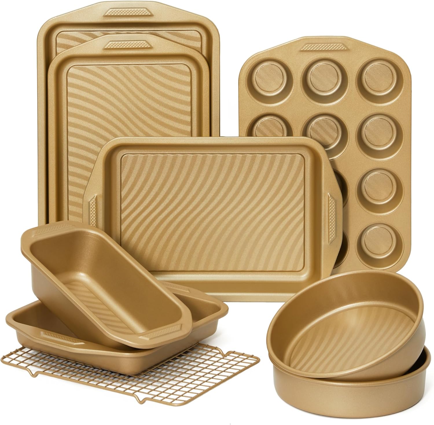 HONGBAKE 9-Piece Baking Pans Set with Wave Texture, 0.8mm Thick Bakeware Sets Non Stick, Includes Stackable Cookie Sheets for Oven Cooking, Cake Pan, Muffin Pan, Loaf Pan, Roasting Pan, Rack, Blue