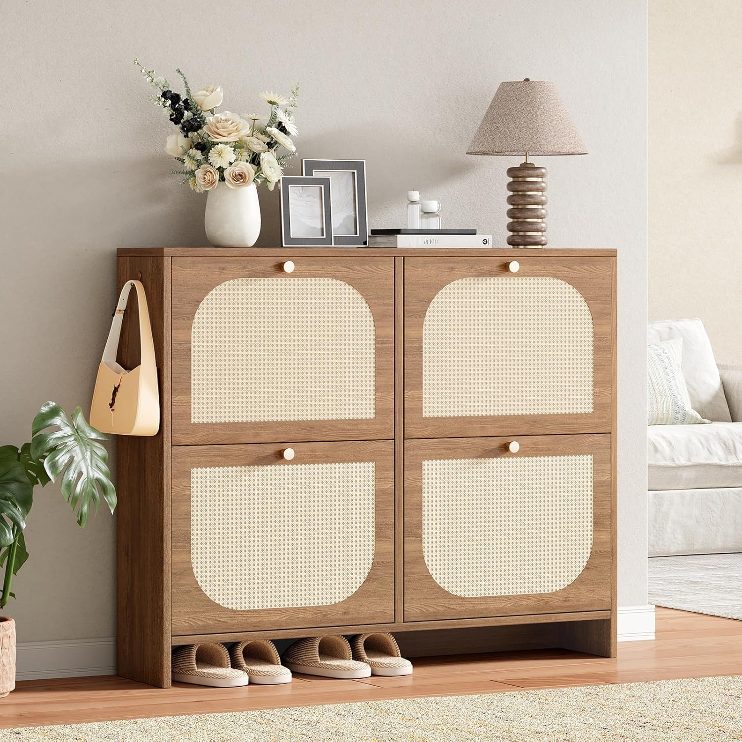 Nicetree Shoe Cabinet Storage for Entryway, Narrow Slim Shoe Organizers with 4 Flip Drawers, Freestanding Large Shoe Rack with 3-Tier Adjustable Shelves for Hallway