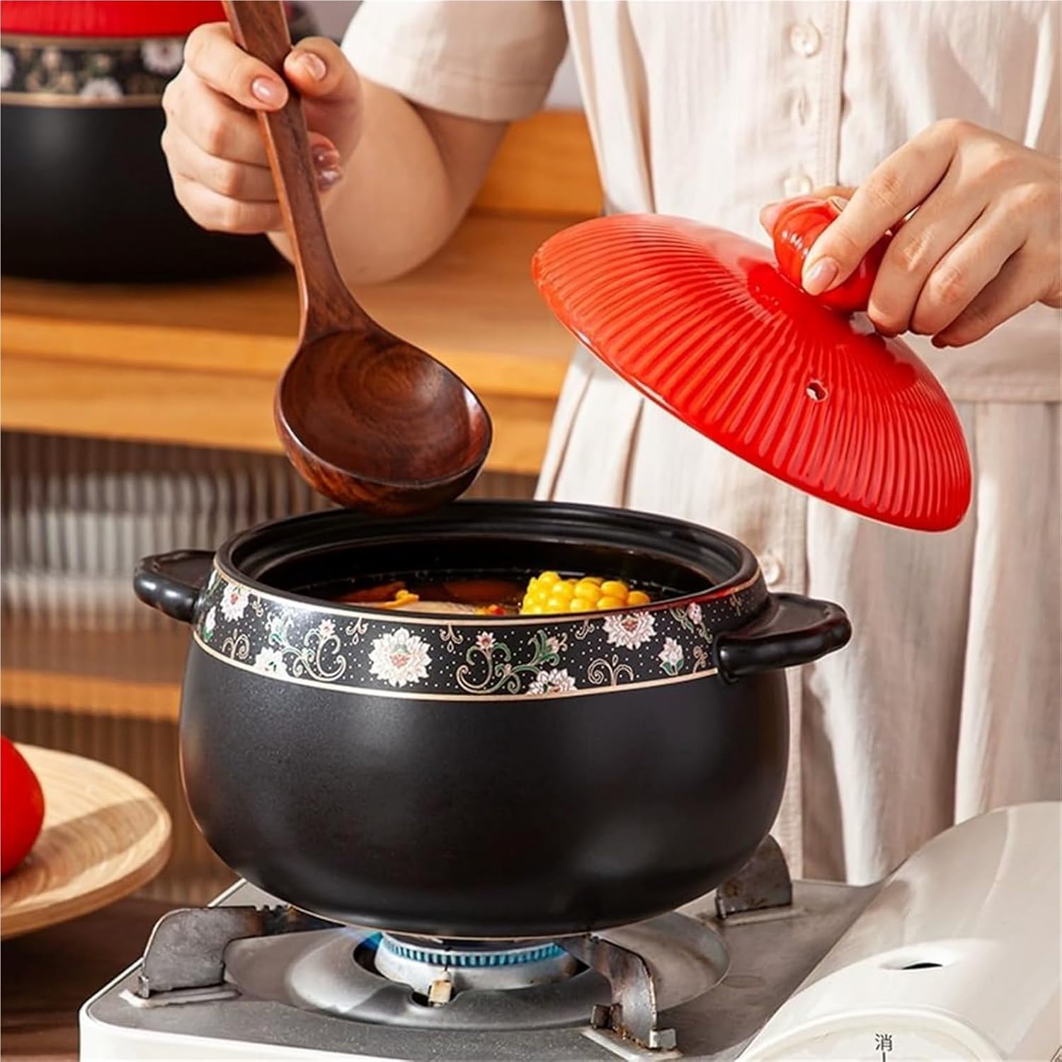 Ceramic Clay Pot for Cooking with Lid Chinese Stew Hot Pot Earthenware Pot for Cooking Rice Noodle and Porridge Milk Soup Casserole Nonstick Cookware Heat-Resistant Stockpot(5L)