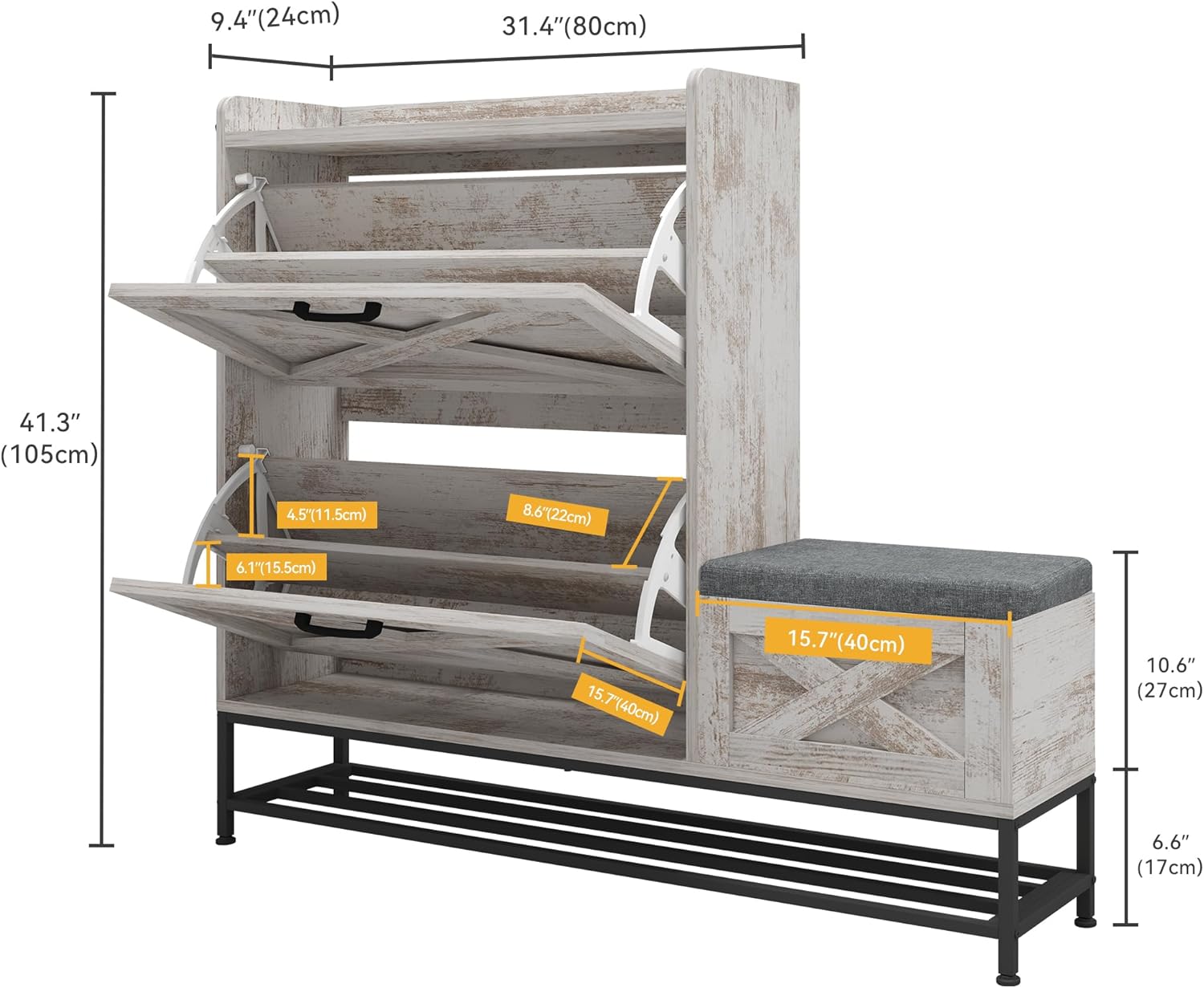 DWVO Farmhouse Style Shoe Cabinet Bench with 2 Flip Drawers Entryway Organizer for 16 Pairs, Narrow Slim Design with Seating for Entryway, Living Room, Hallway (Embossed White)